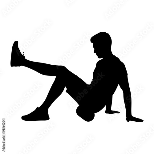 Man doing foam roller exercise, fitness silhouette vector illustration
