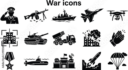 Collection of military war icons featuring soldier, weapons, tank, drone, fighter jet, submarine, missile launch, naval ship, explosion and defense symbols silhouette set