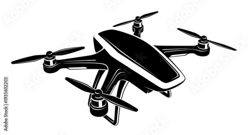 A sleek modern drone with four propellers is viewed from below, showcasing its aerodynamic design and advanced technology features.