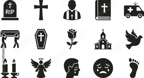 Funeral and mourning icons set featuring coffin, cross, church, priest, bible, dove, angel, candles, grave, ambulance and memorial symbols silhouette collection