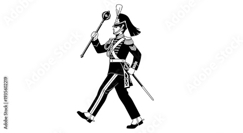 A soldier marching forward with a ceremonial staff and sword in a formal uniform from a side viewpoint