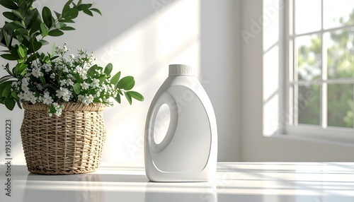 White plastic detergent bottle on a table, with woven basket of white flowers and sunlight
