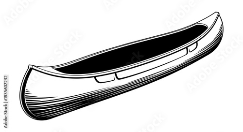 A sleek canoe is viewed from the side, showcasing its streamlined design and empty interior, set against a clean background