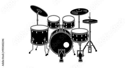 A drum set is arranged in a studio with various drums and cymbals positioned for a recording session from a front viewpoint