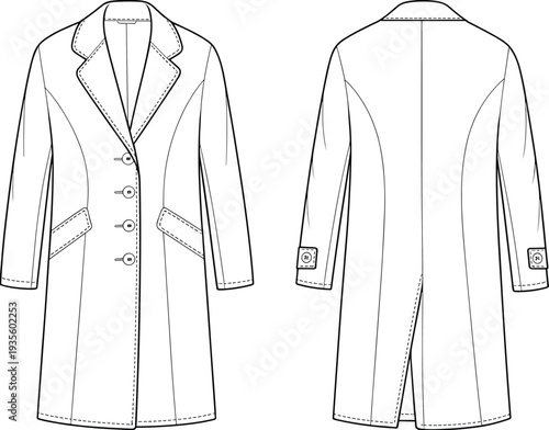 Women's tailored long coat technical fashion sketch vector illustration with lapel collar button closure welt pockets and back vent detail front and back view