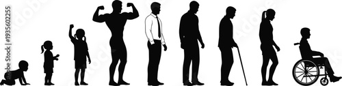 Black silhouette collection of human life stages from baby to elderly, including bodybuilder, businessman, disabled person in wheelchair, and diversity,