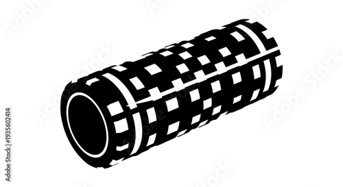 A cylindrical object with a checkered pattern viewed from a slight angle, featuring a hollow interior and decorative stripes