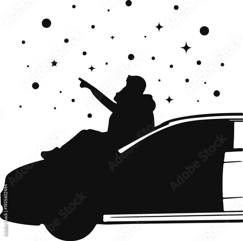 Silhouette of person pointing at stars from atop a vehicle