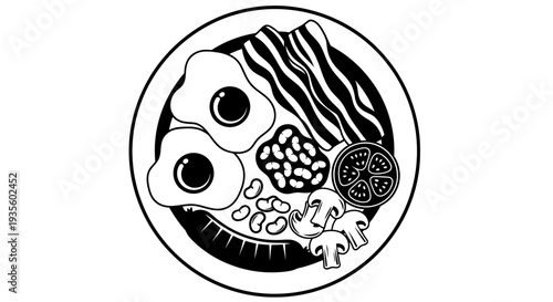 A detailed black and white illustration of various food items including eggs, bacon, and mushrooms arranged in a circular dish viewed from directly above
