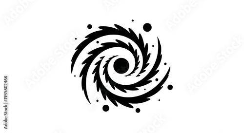 A black swirling vortex illustration with dynamic motion and abstract shapes on a clean background from a direct viewpoint