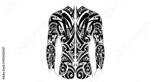 Monochrome tribal torso tattoo design with intricate sleeve patterns and bold motifs.