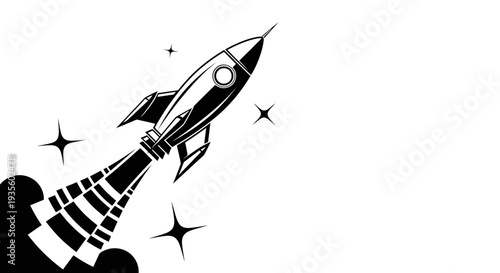 A sleek rocket launches into the starry night sky from a mysterious silhouetted landscape viewed from a distance.