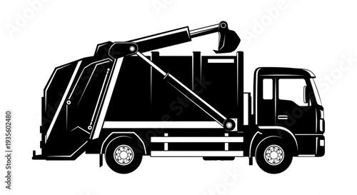 Garbage truck illustration viewed from the side on a white background