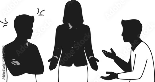 Three silhouetted figures engaged in a conversation, with two appearing animated and one neutral