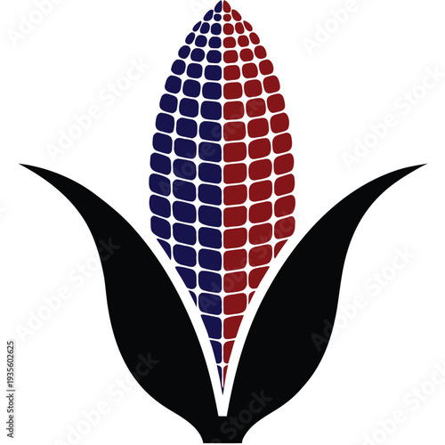 Stylized corn cob with red and blue kernels is surrounded by dark husks