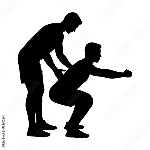 Personal Trainer Assisting Man Squatting, Fitness Workout Flat Design Illustration