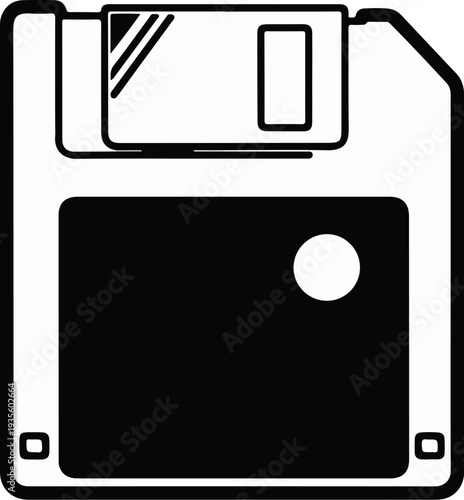 Stylized black and white icon of a floppy disk with label area and metal shutter