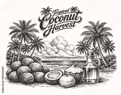 Vintage engraving line art vector illustration of coconut harvest with palm trees and oil bottle, detailed black and white tropical farm sketch