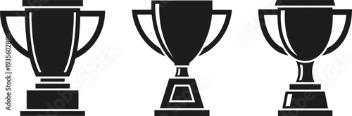 Black trophy icons vector illustration, three distinct award cup designs, competition achievement symbols, sports victory, champion recognition, prize celebration artwork