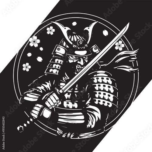 Monochrome Samurai Warrior in Dynamic Circle Frame Illustration with Traditional Armor and Sword.