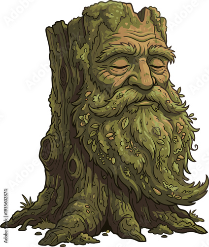 Ancient Tree Spirit With Mossy Beard And Closed Eyes In Forest