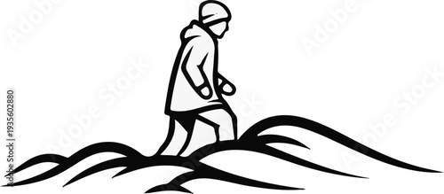 Silhouette of person in a hooded jacket wading through wavy ground