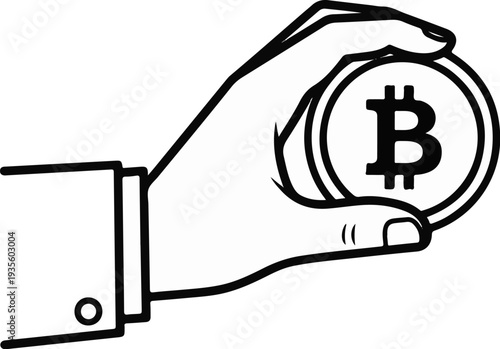 Hand in suit holds a coin with a prominent letter B