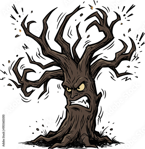 Angry Spooky Dead Tree With Scary Face And Jagged Branches Halloween Season