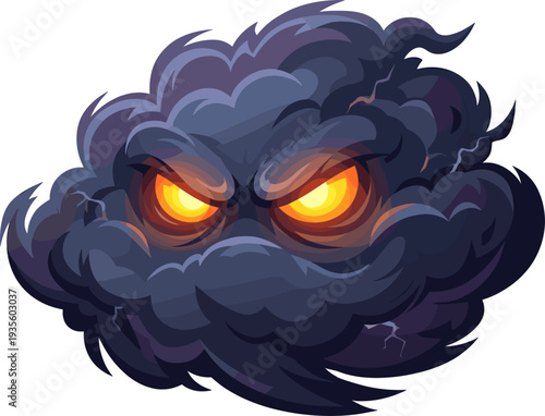 Angry Storm Cloud With Glowing Orange Eyes And Dark Grayscale Smoke Wisps In The Sky