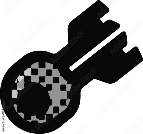 Abstract monochrome shape resembling a stylized object with internal patterned fill