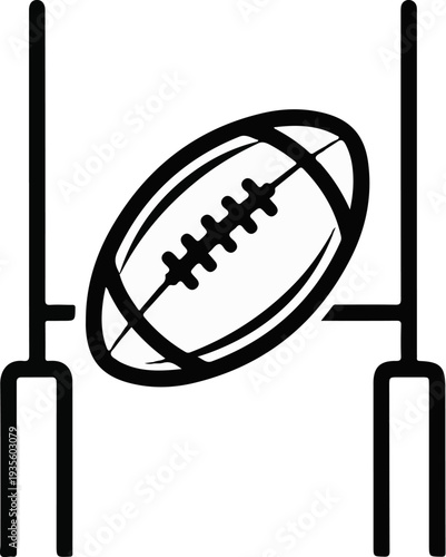 Rugby ball kicked through goalposts, black outline