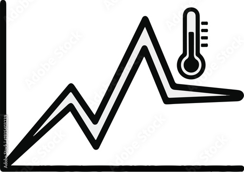 Line graph with a rising trend and a thermometer measuring temperature