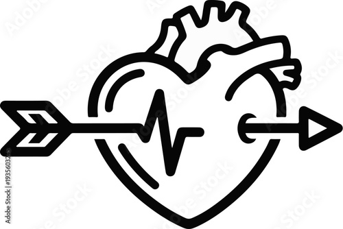 Line art of a heart with an electrocardiogram line and an arrow