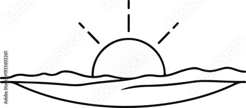 Stylized sunrise over a rolling landscape with dashed rays