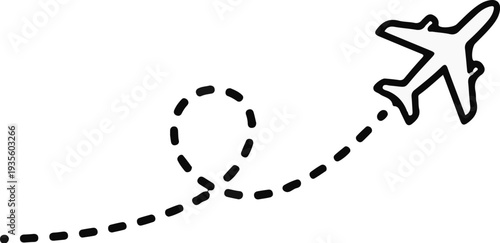 Stylized airplane traces a dotted line path with a loop