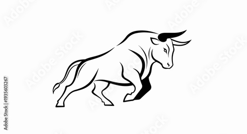 Powerful charging bull, dynamic outline, black and white, strong musculature