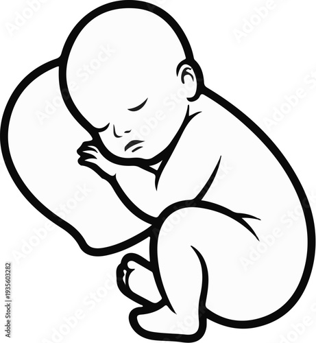 Sleeping infant curled on a soft pillow