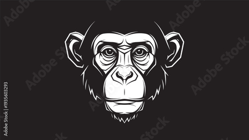 Monochrome Monkey Portrait: Bold Line Art Illustration of a Curious Primate on a Dark Background.