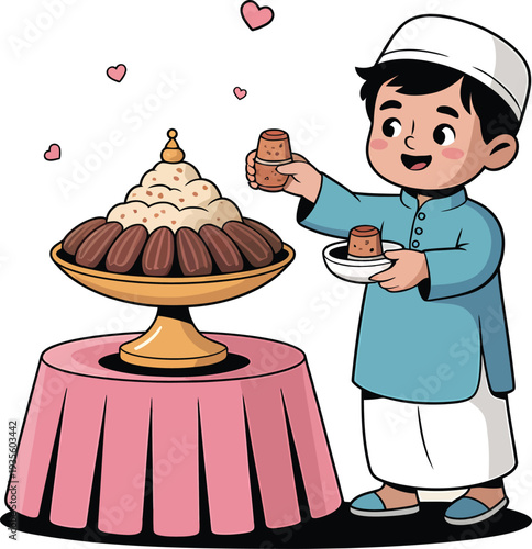 Cartoon illustration of a little boy serving food on a tray for iftar in a kitchen scene