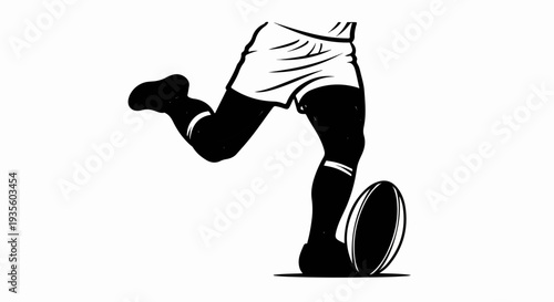 Close-up of a person's legs in athletic wear kicking a rugby ball