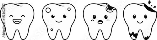 Four cartoon teeth showing progression from healthy to damaged