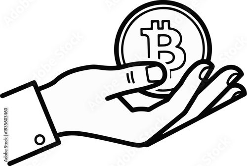 Hand holding a coin with a Bitcoin symbol