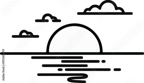 Stylized sunrise over water with abstract clouds in a minimalist design