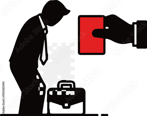 Businessman receives a red card and drops briefcase, symbolizing failure