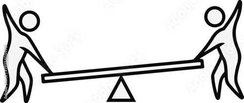 Two stylized figures on opposite sides of a seesaw, one pushing down