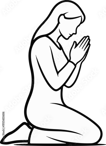 Outline drawing of a person kneeling with hands clasped in prayer
