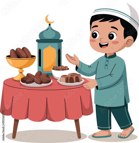 Cartoon illustration of a little boy serving food on a tray for iftar in a kitchen scene