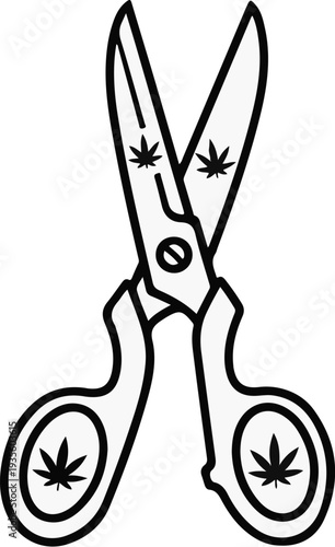 Stylized scissors with cannabis leaf emblems on blades and handles
