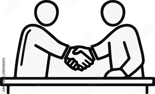 Two simple stick figures shake hands over a table