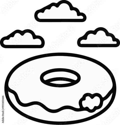 Whimsical cloud shapes float above a frosting-covered ring pastry